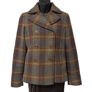 Women's Classic Boden Wool-blend Plaid Pea Coat – Brown – Size 10